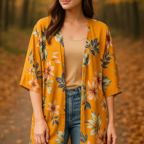 L&B Sheer Floral Kimono Cardigan – Orange Green Boho Resort Style – Small - Picture 2 of 9